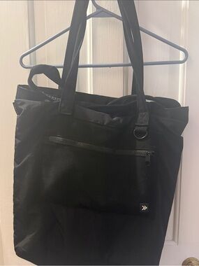 Black Women's Nylon Tote Bag with Front Zip Pocket
